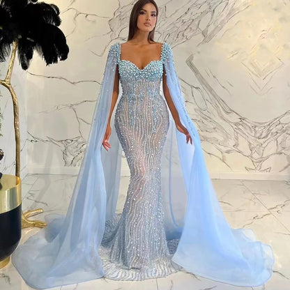 Arabic Luxury Beaded Mermaid Prom Dress Cape Sleeves Dubai Blue Evening Dresses Lace Beaded Long Prom Gowns Vestido De Gala