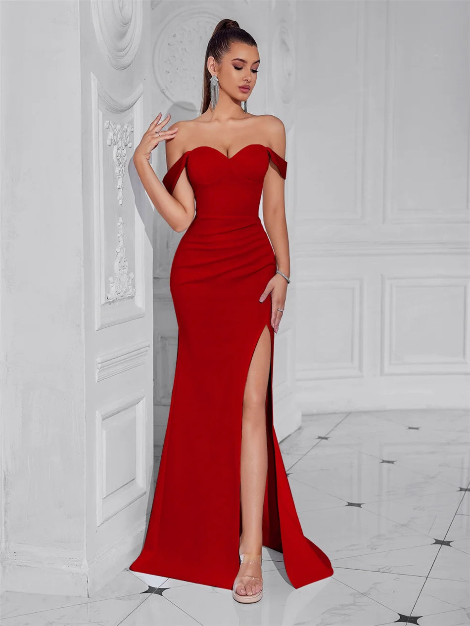 Cocktail Dress For Women Off Shoulder Sexy Floor Length Party Evening Night Outfit Club Formal Wedding Guest Maxi Gala Vestidos Red