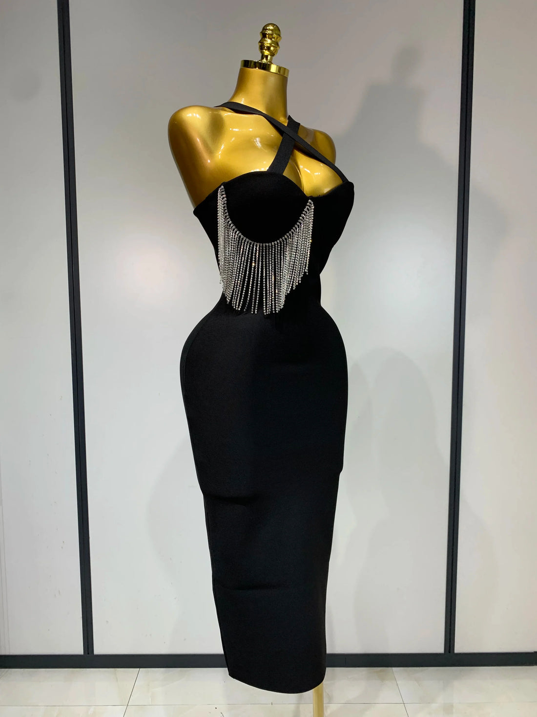 Women Sexy Diamonds Tassel Crystal Midi Black Bodycon Bandage Dress Elegant Evening Party Luxury Birthday Dresses Vestido black