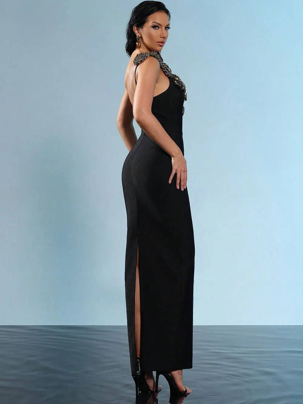 Sexy Women's Light Luxury Sparkle Flower Design Bandage Dress One Shoulder Sleeveless Bodycon Long Dresses Party Vestidos