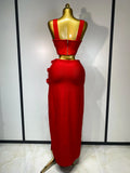 Women Red Top Flower Skirt Two Piece Set Evening Party Nightclub Elegant Host Tight Sexy Club Bodycon Bandage Long Skirt