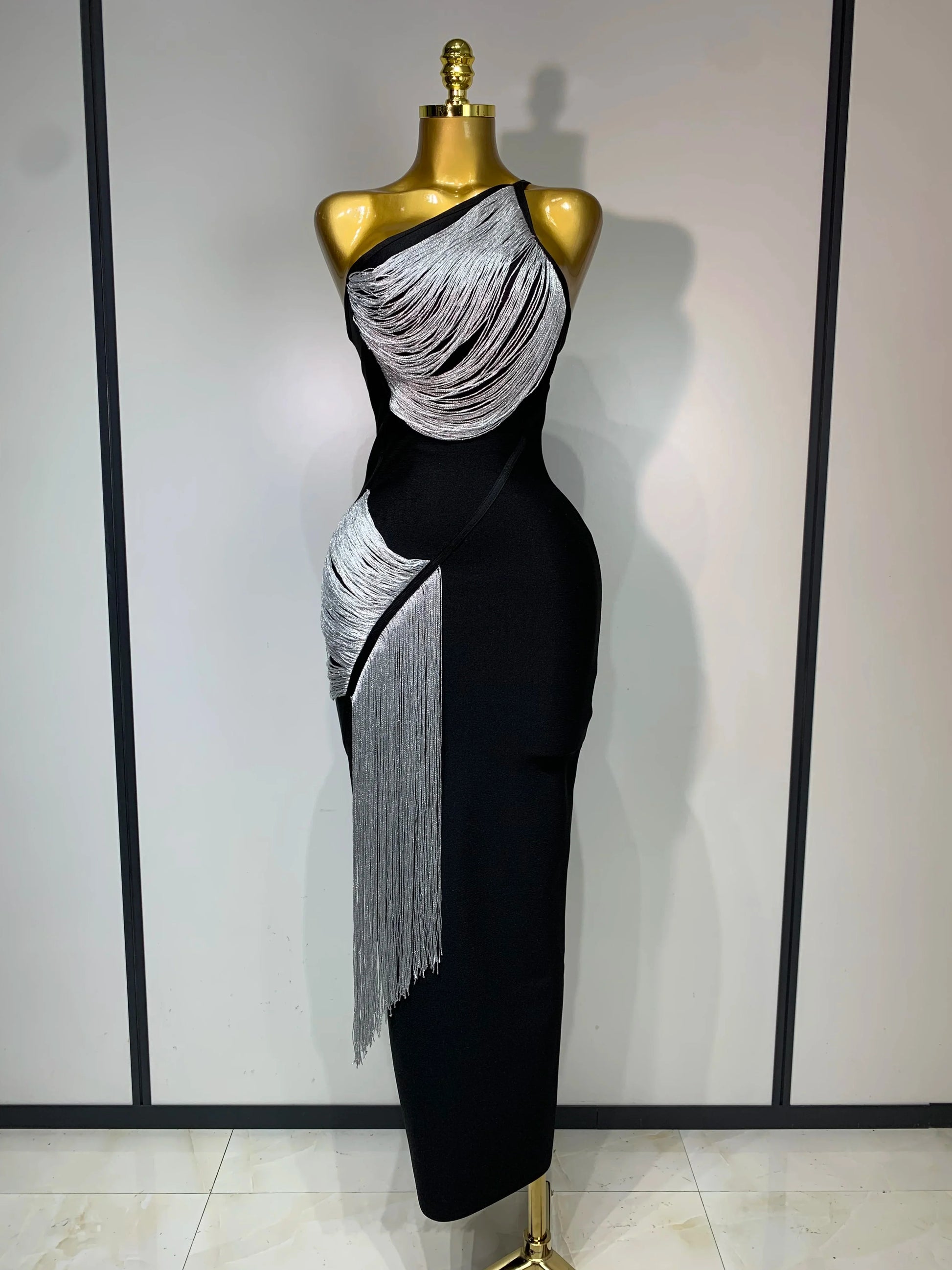 Women Sexy Slanted Collar Silver Tassel Bandage Dress Women Black Sleeveless Bodycon Dresses Evening Party Club Birthday Gowns black