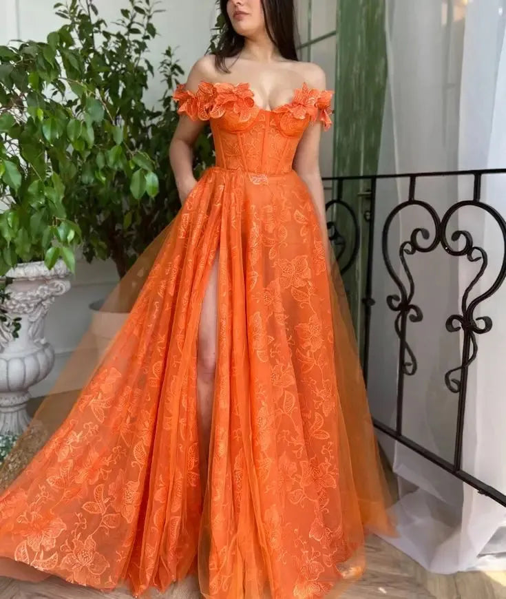 Lace Prom Dresses Long Floor Length Off Shoulder V Neckline Front Slit Women Evening Gowns Women Special Occasion Dresses Orange