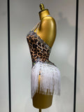 Sexy Backless Sparkly Rhinestones Tassel Leopard Print Bodysuit Performance Dance Costume Singer Dancer Stage Wear Club Outfit