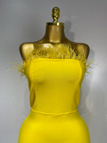 Women Sexy Backless Yellow Bodycon Bandage Dress Strapless Celebirty Elegant Feather Dresses Luxury Birthday Club Party Outfit