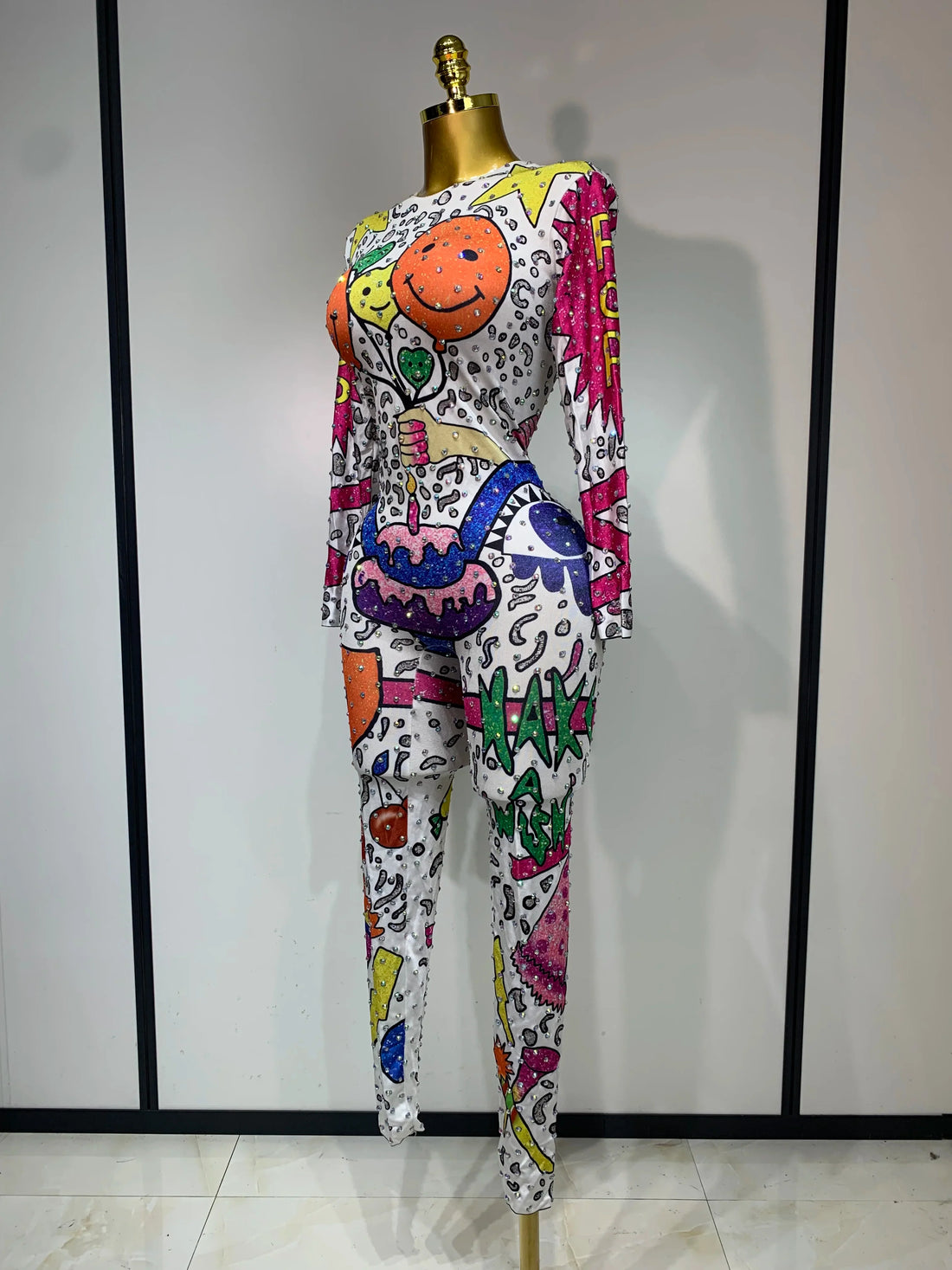 Sparkly Colorful Balloon Cartoon Stretch Sexy Dance Stage Jumpsuit Birthday Party Shiny Rhinestone Performance Club Stage Outfit MULTI