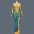 Sparkly Rhinestone Sheer Long Dress With High Side Slits Evening Gown Cocktail Party Club Singer Maxi Dress Ball Dress kongqueyu as shown