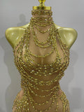 Luxury Sparkly Gold Rhinestone Sexy Transparent Mesh Long Dress Women Birthday Party Gown Stage Singer Performance Costume