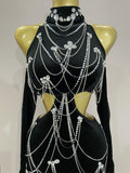 Women Sparkly Diamonds Tassels Chain Balck Sexy Halter Backless Long Dress Evening Birthday Party Celebrate Stage Costume