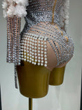 Sparkly Luxury Sheath Bodysuit Women Sexy Pearls Rhinestone Flowers Stage Singer Outfit Nightclub Performance Dance Costume