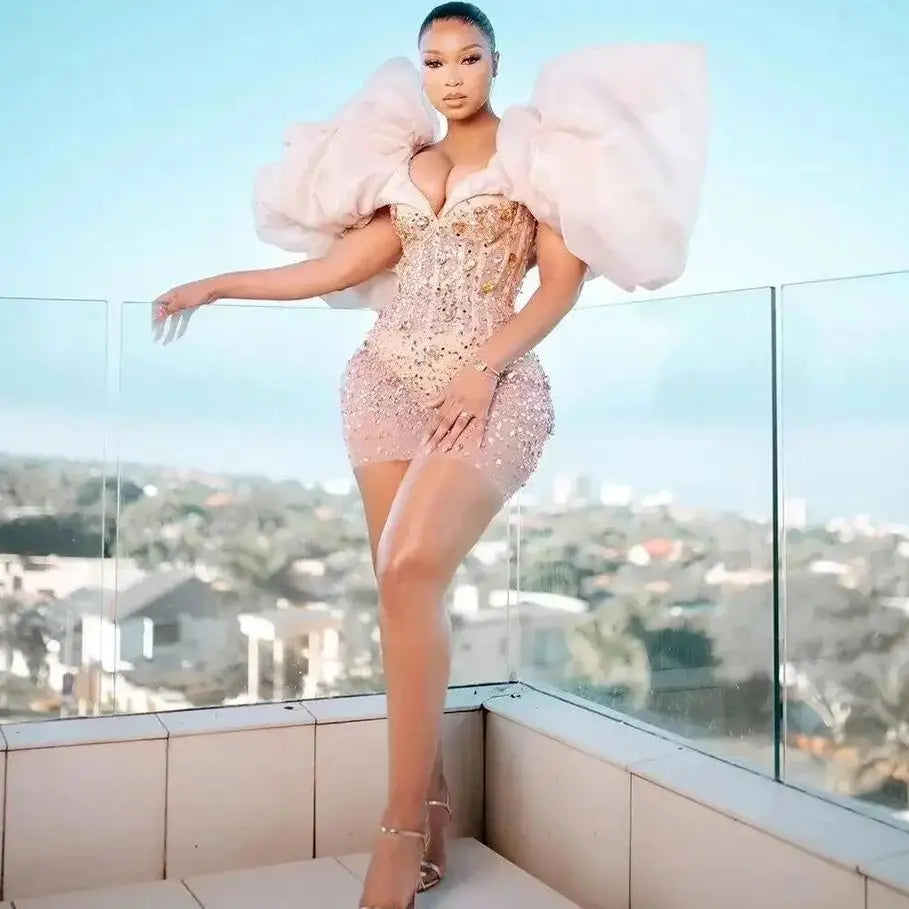 Pink Mini Evening Dresses with Puff Sleeves Deep V Neck Crystals Beaded Formal Party Gown Aso Ebi Dress