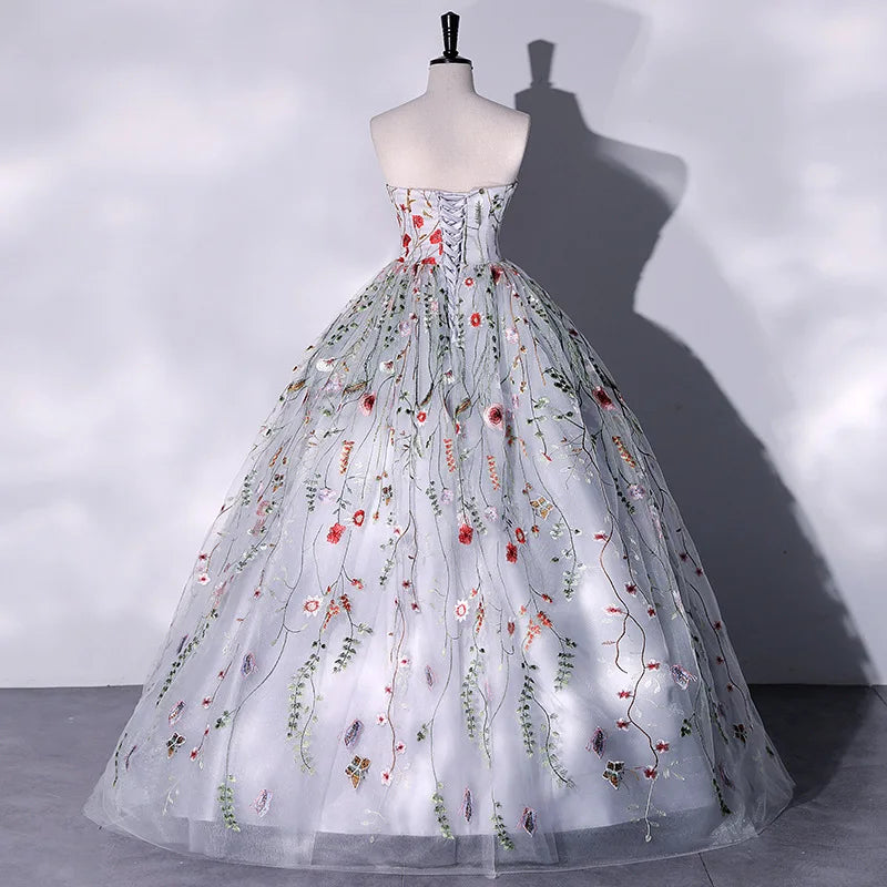 Pakaian Quinceanera Strapless Sexy Pakaian Light Grey Light untuk Prom Bunga Kecil Bulat Vestido De Debutante Plus Saiz