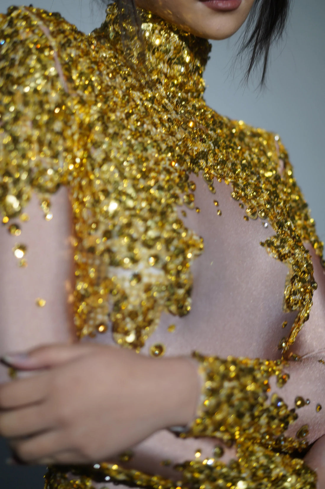 Sparkly Gold Silver Rhinestone Sequin Stretch Bodysuits Women Birthday Party Nightclub Dancer Stage Performance Costume Gold