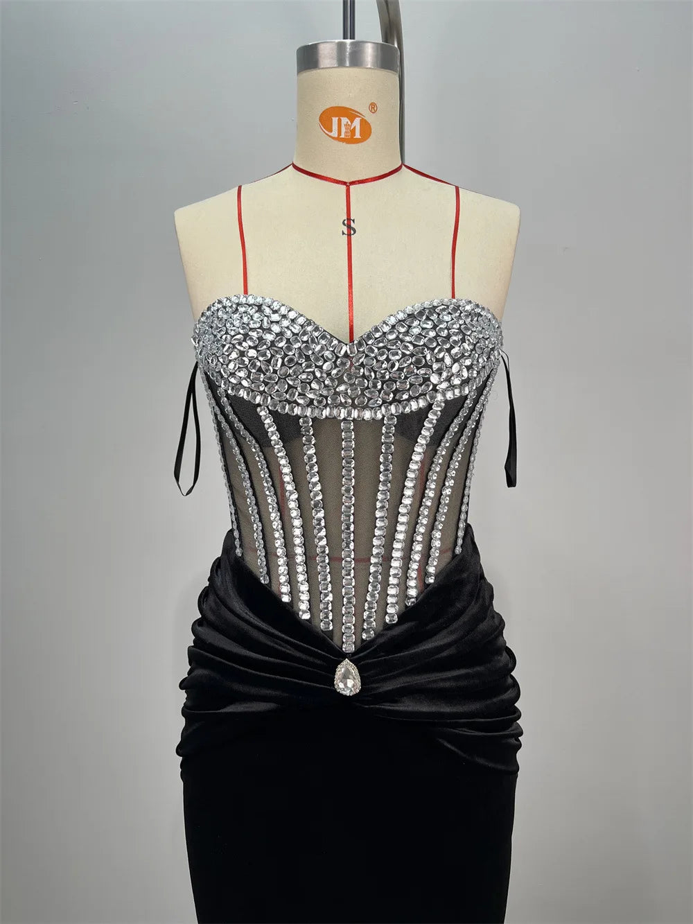 Luxury Diamonds Sexy Mesh See Through Black Velvet Strapless Floor Length Dress Celebrity Party Dress Birthday Vestido