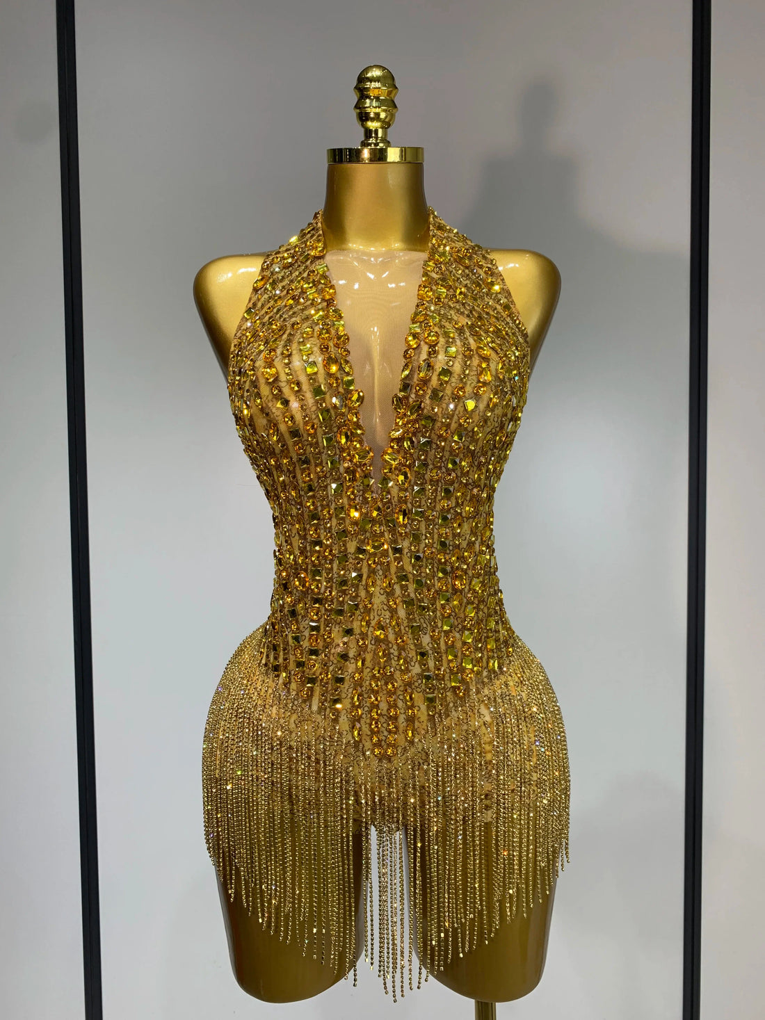 Women Sexy See Through Stretch Bodysuits Birthday Dancer Performance Wear Mesh Luxury Rhinestone Nightclub Hotwife Outfit Gold