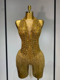 Women Sexy See Through Stretch Bodysuits Birthday Dancer Performance Wear Mesh Luxury Rhinestone Nightclub Hotwife Outfit Gold