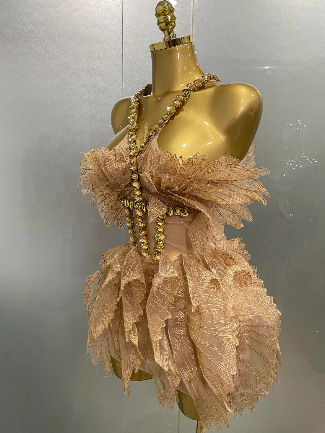 Sexy Shining Gold Crystal Transparent Wings Mini Dress Women Birthday Party Bar Nightclub Singer Stage Performance Costume Gold