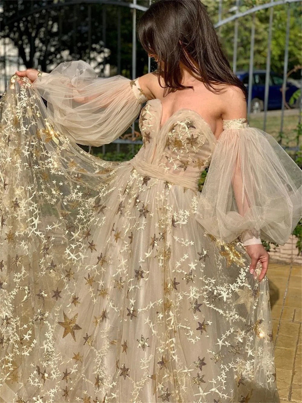 Vestidos de fiesta con apliques de encaje de estrellas, corte en A, tul, mangas abullonadas elegantes, largos hasta el suelo, moda de verano