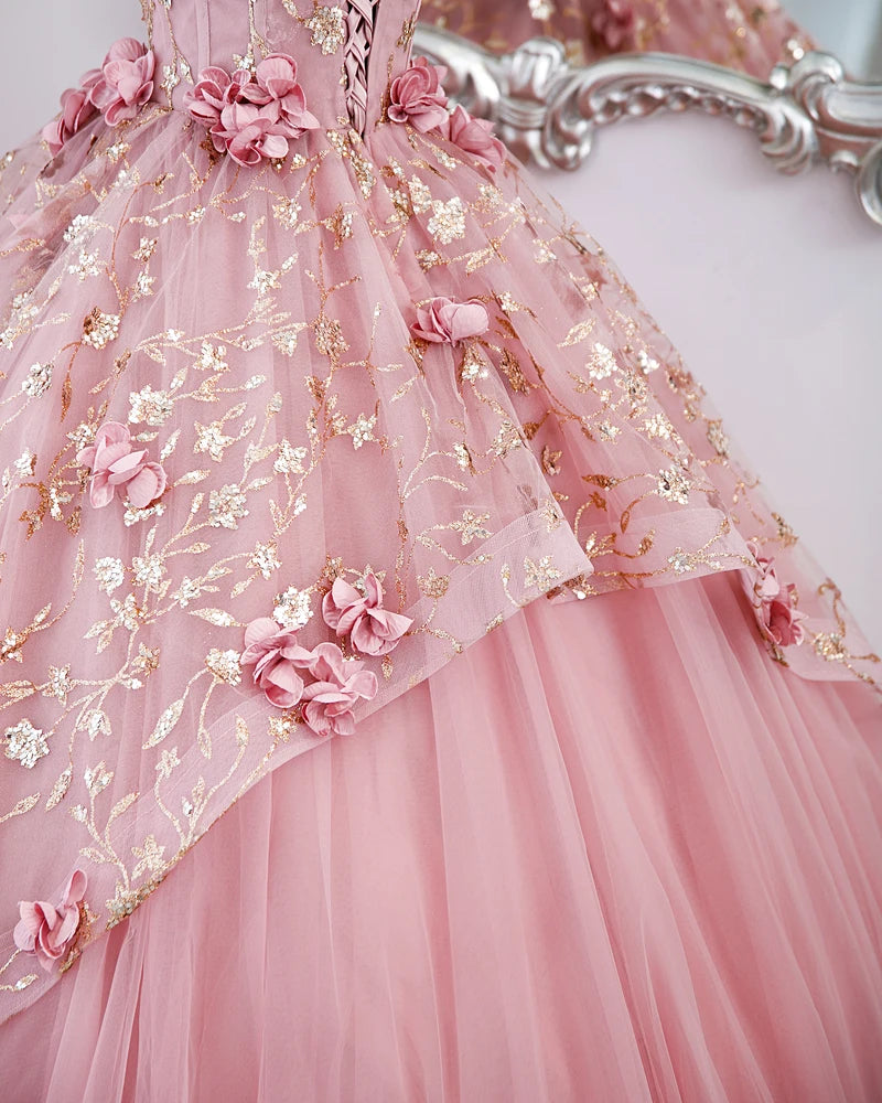15 Quinceanera Dresses Ball Gown Pink Floral Gold Sequined Sparkly Sheer Neck Evening Party Gowns Princess Dress