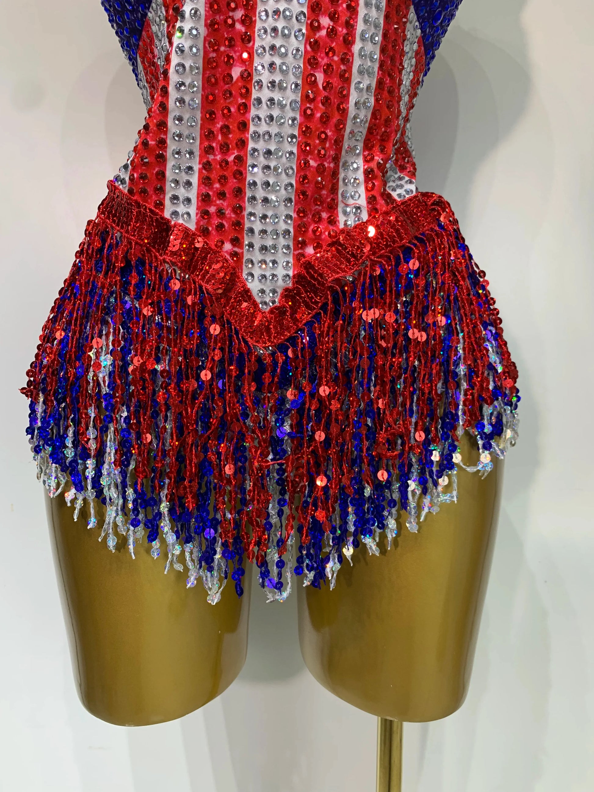 Shiny Rhinestones Tassel Bodysuit Performance Dance Singer Costume Evening Party Nightclub Stage Leotard Cheerleading Outfit