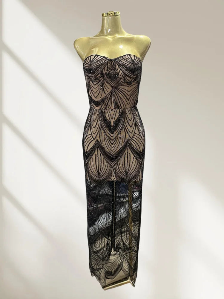 Shining Black Sequins Sexy Mesh See Through Straplerss Ankle Length Dress Woman Birthday Party Dress Celebrity Party Vestido