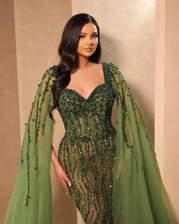 Olive Green Beading Mermaid Prom Dresses Handmade Pearls Cap Sleeves Arabic Dubai Formal Occasion Dress Elegant Party Gowns 2023