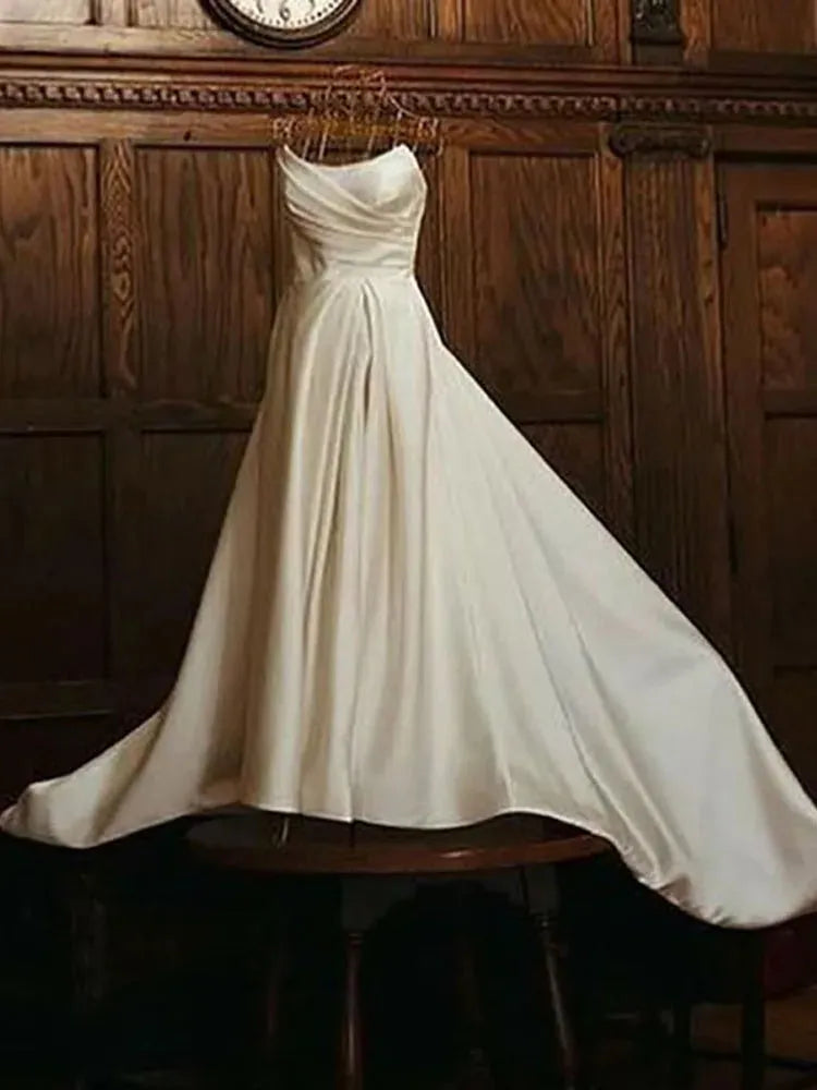 Strapless Satin Wedding Dresses A Line Pleats Bride Dress Elegant One Shoulder Sleeveless Wedding Gowns Ivory 26w Satin