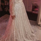 Glitter A-line Prom Dresses Long Sleeve Vestidos De Noche Shiny V-neck Prom Gown Tulle Sweep Train فساتين السهرة