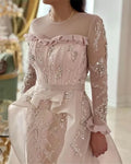 Arrival Pink Dress Long Sleeves Crystals A Line Illusion Sweep Train Formal Party Gown