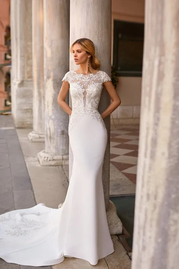 Timeless Mermaid Silhouette Wedding Dress Featuring a Graceful Boat Neckline, Delicate Cap Sleeves, and Elegant for a Sophisticated Bridal Look Satin