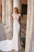 Timeless Mermaid Silhouette Wedding Dress Featuring a Graceful Boat Neckline, Delicate Cap Sleeves, and Elegant for a Sophisticated Bridal Look Satin