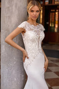 Timeless Mermaid Silhouette Wedding Dress Featuring a Graceful Boat Neckline, Delicate Cap Sleeves, and Elegant for a Sophisticated Bridal Look Satin