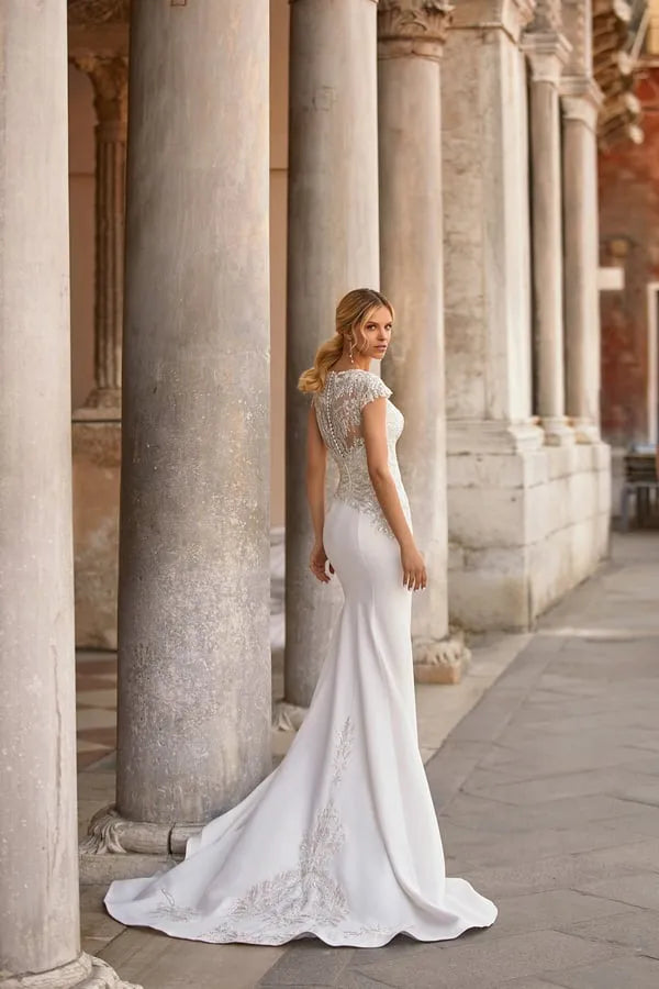 Timeless Mermaid Silhouette Wedding Dress Featuring a Graceful Boat Neckline, Delicate Cap Sleeves, and Elegant for a Sophisticated Bridal Look Satin