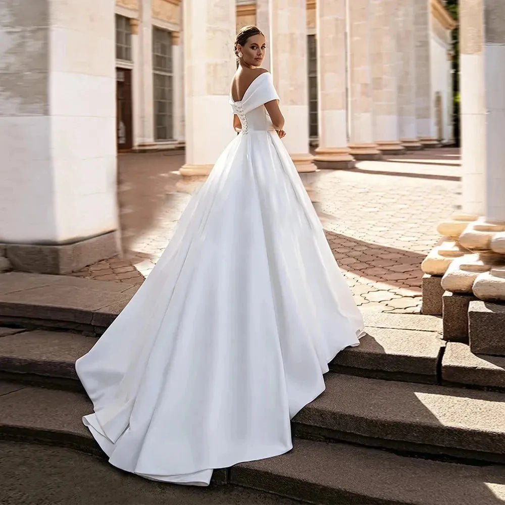 Elegant Wedding Dresses Off The Shoulder Satin A-Line Bridal Gowns For Formal Party V-Neck Floor Length Vestidos De Novia 14w
