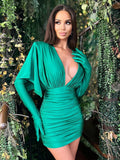 Fashion Streetwear Women'S Dress For Special Event Sexy V Neck Draped Design Green Slim Thin Mini Dress With Gloves