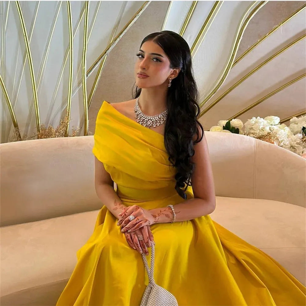 Modest فساتين السهرة Yellow One Shoulder Prom Dresses Silk A-line Vestidos De Noche Grace Silk Floor Lenght Prom Gown as pic