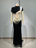 Pearl String Sexy Hollow Out Black Velvet Long Dress Elegant Woman Evening Party Dress Red Carpet Goddess Vestido