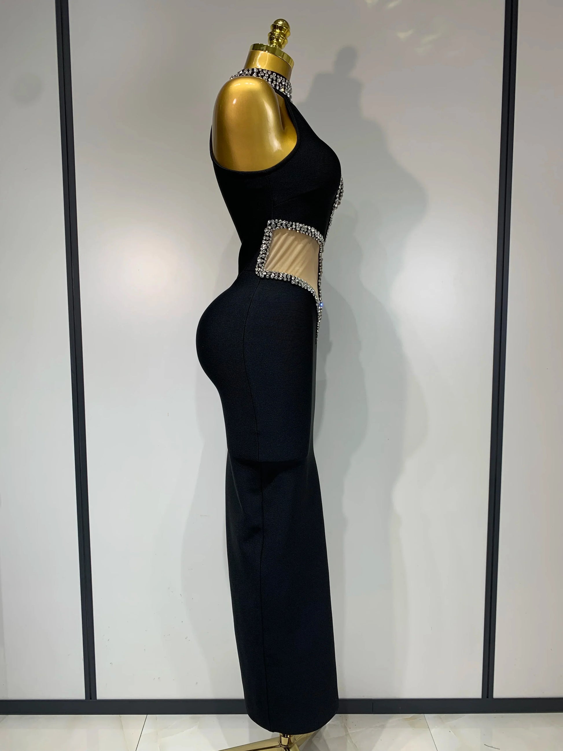 Women Sexy Rhinestone Black Sleeveless Mesh Patchwork Stretch Bodycon Bandage Party Dresses Elegant Birthday Dress