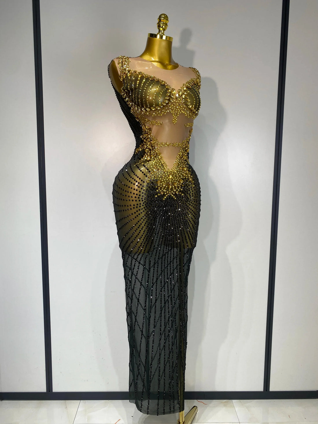 Women Sexy Sparkly Rhinestones Sleeveless Long Dress Club Birthday Celebrate Evening Photo Shoot Stage Performance Costume