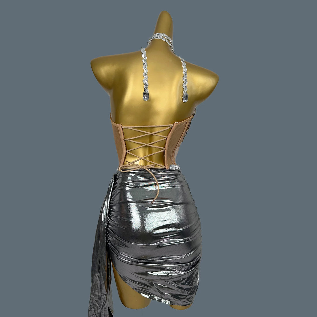 Luxurious Diamond Cocktail Dress 2-Piece Set Nightclub Prom Gown Sexy Girls Short Prom Dress Birthday Party Mini Dress Zhuantou GRAY One Size