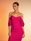 Rosered Color Women Sexy Strapless Ruffles Bodycon Mini Bandage Dress Birthday Party Celebrate Cocktail Dress Vestido Rose Red