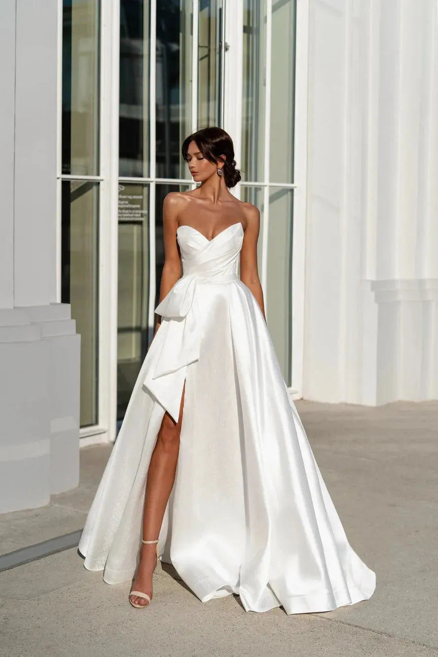 Popular V-neck Pleat A Line Wedding Dresses Big Bow Side Slit Floor Length Vestido de Noiva Bridal Gowns Ivory
