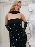 Vintage Elegant Black Strapless Sleeveless Crystal Dress for Galas Party Evening Gown