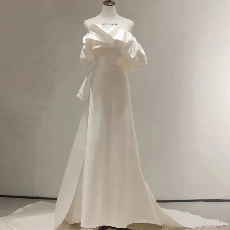 Luxury French White Satin Wedding Trailing Maxi Dresses for Bride Elegant Long Prom Evening Guest Cocktail Party Women Dress White 50cm | cn