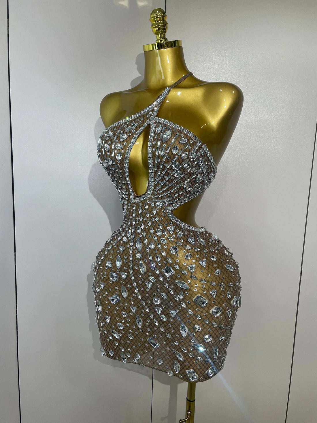 Women Sparkly Big Crystal Sexy Off the Shoulder Mesh See Through Mini Dress Nightclub Party Celebrate Birthday Dress Dark Brown