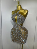 Women Sparkly Big Crystal Sexy Off the Shoulder Mesh See Through Mini Dress Nightclub Party Celebrate Birthday Dress