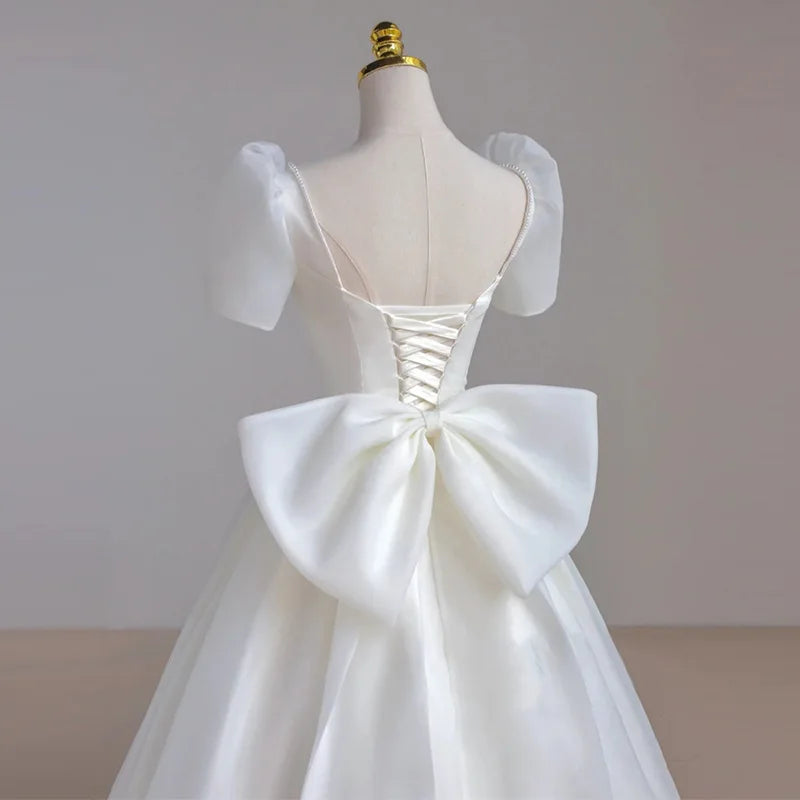 Robe de mariée Maxi en Satin blanc de luxe français, élégante, Sexy, Slim, manches bouffantes, longue robe de soirée de bal pour femmes