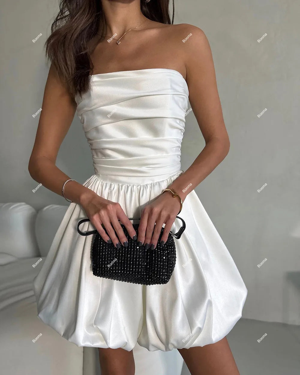 Pakaian Parti Perkahwinan A-Line Mini Strapless Lengan Tanpa Lengan Pengantin Gaun Stain Skirt Puff Vestidos de Novia 2024 BODA