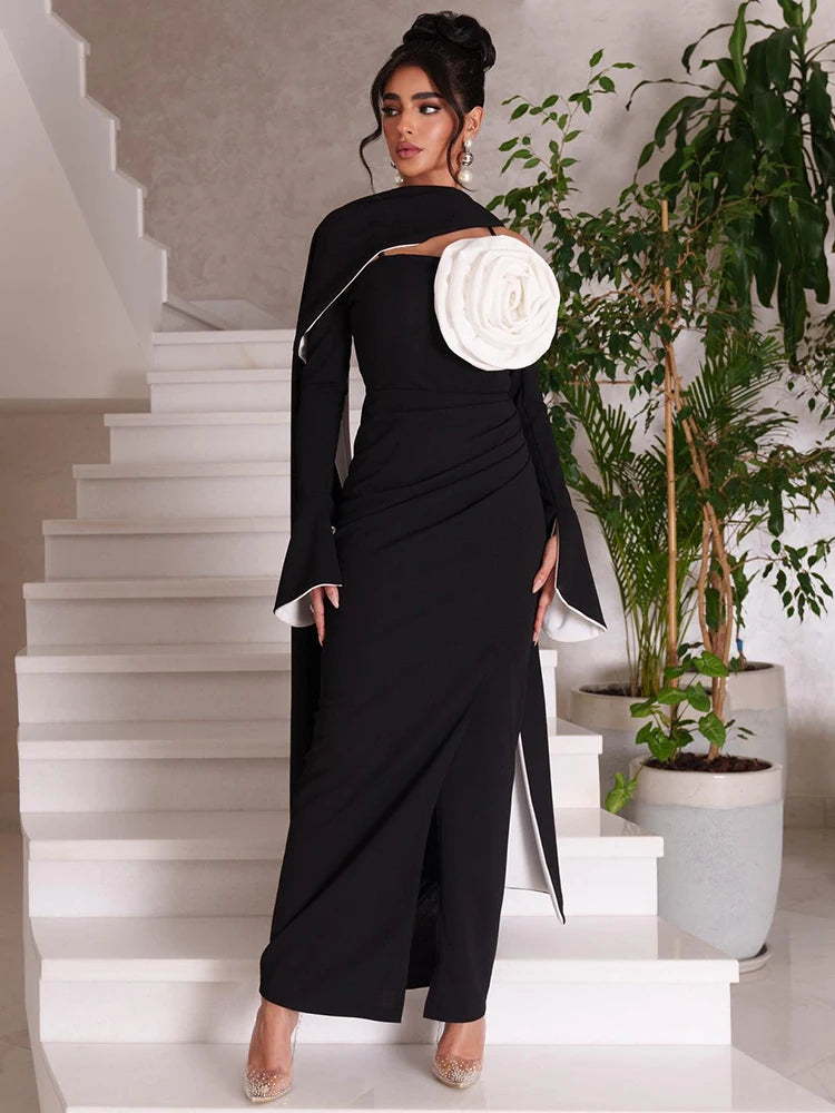 Summer New Simple Black Crepe 3D Flowers Mermaid Prom Dress Slim Long Sleeve Ankle-Length Formal Evening Dress