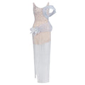 Elegant Beige Strapless Sleeveless Beaded Mesh Floral Details Dress for Fashion Event Gown Beige